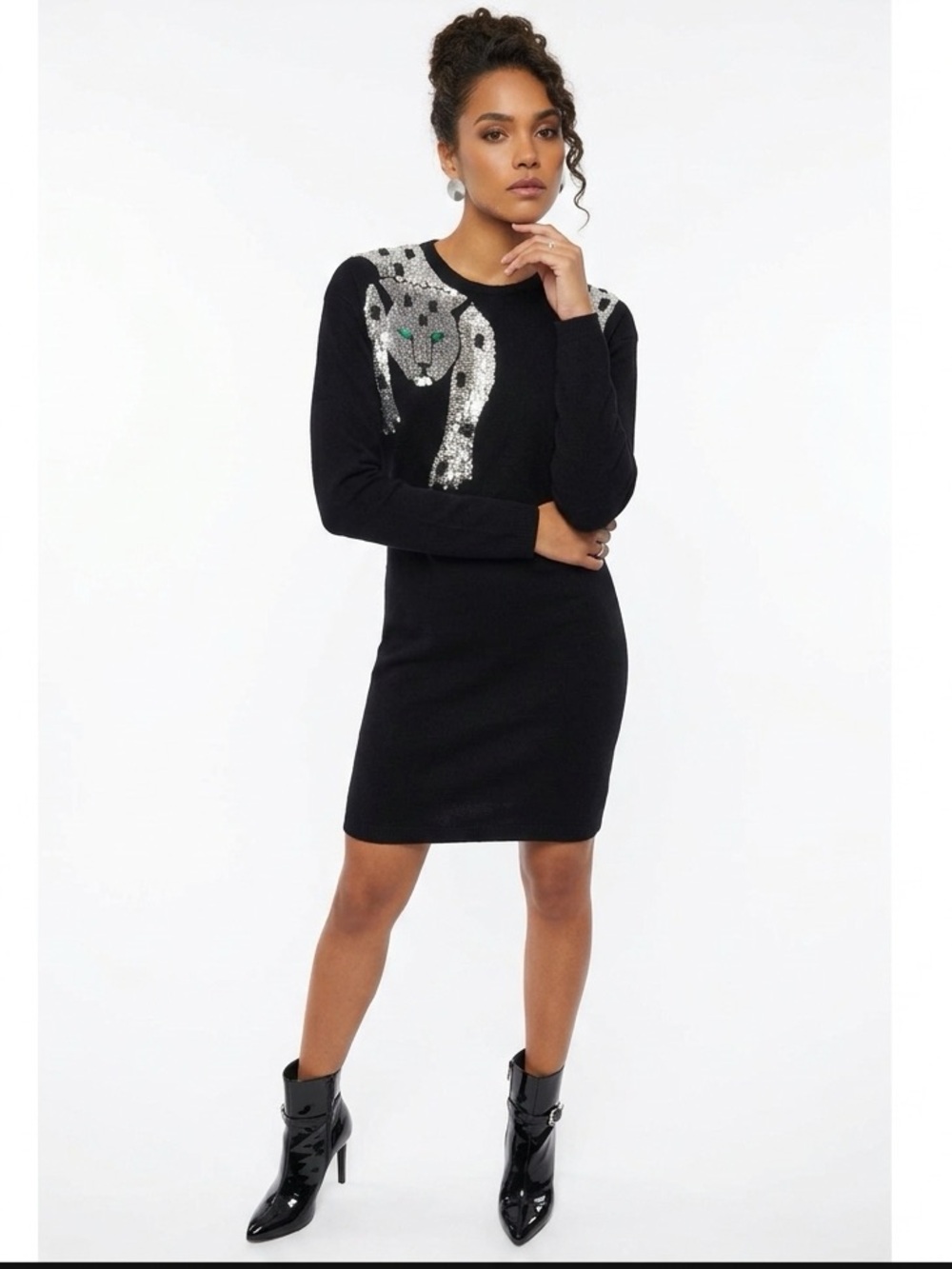 VTG 80s Outlander Sequin Leopard Lambswool Angora Sweater Dress